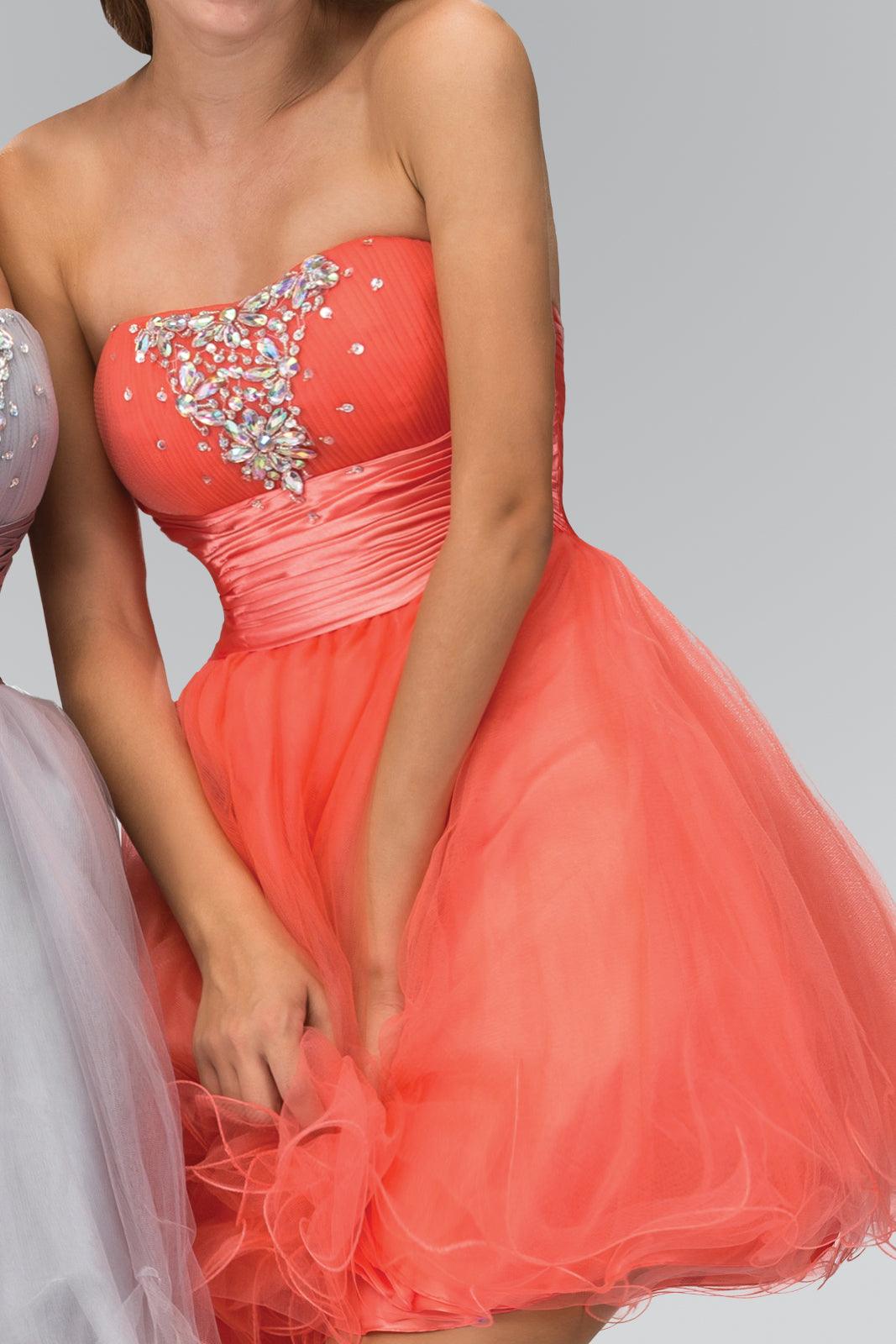 Short strapless tulle prom dress with satin belt and jewel embellishment, mini length homecoming style