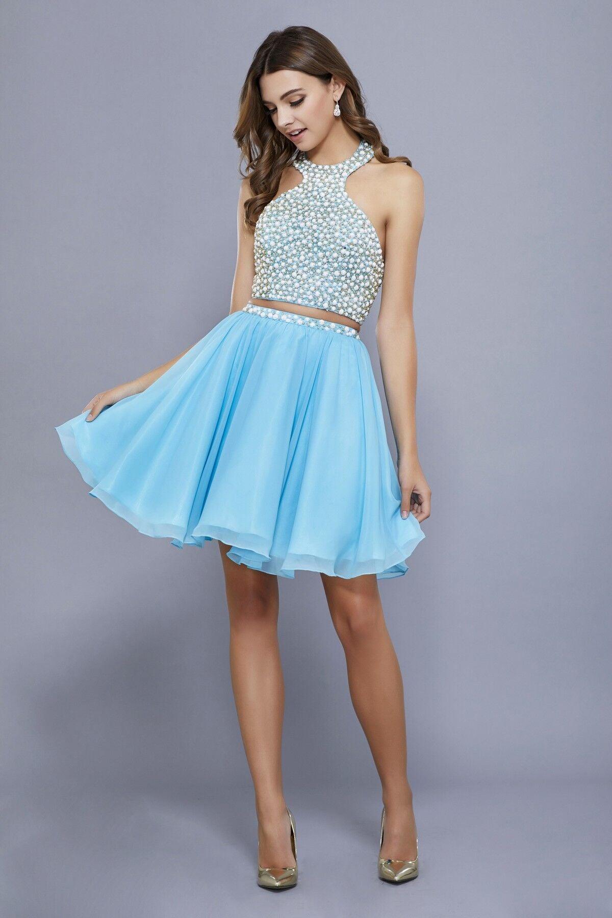 Beaded halter two-piece prom set sparkling crop top chiffon skirt homecoming teen dress