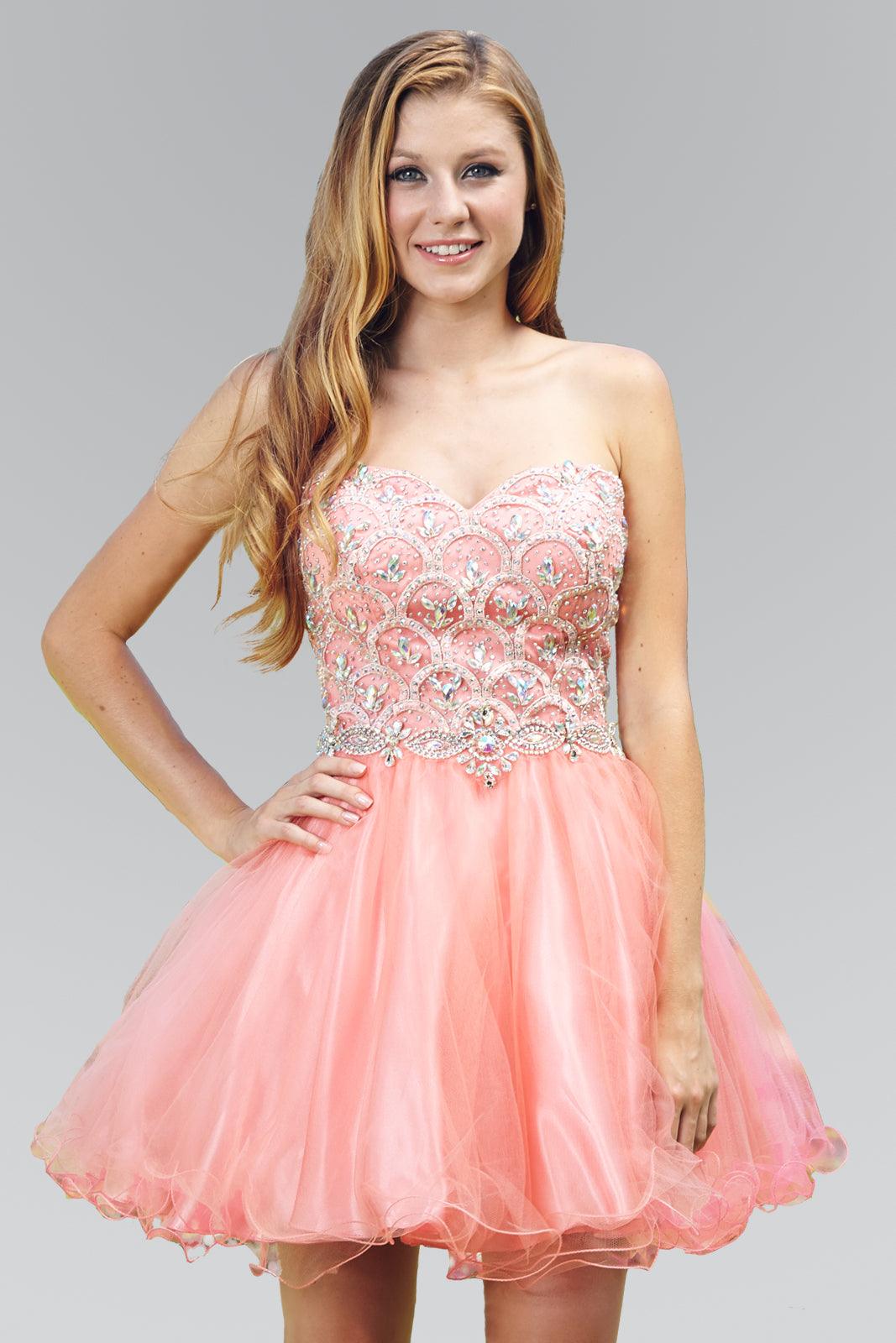 Short strapless tulle homecoming dress sweetheart neckline corset back mini glam prom style teens