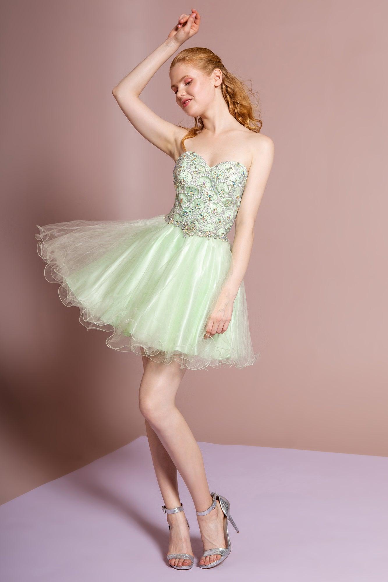 Short strapless tulle homecoming dress sweetheart neckline corset back mini glam prom style teens