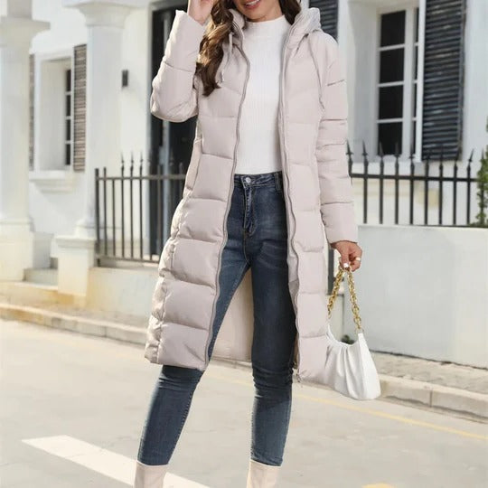 Women's long hooded down jacket black insulated full-length winter coat with attached hood