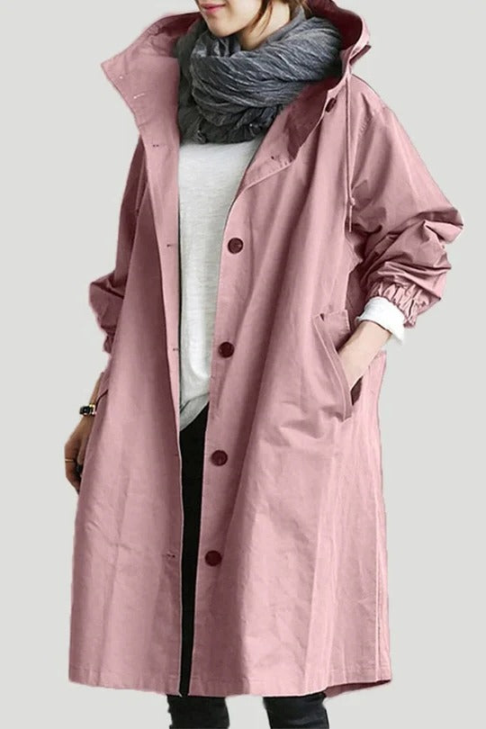 Black hooded trench coat sleek modern cut with integrated hood for urban weather protection