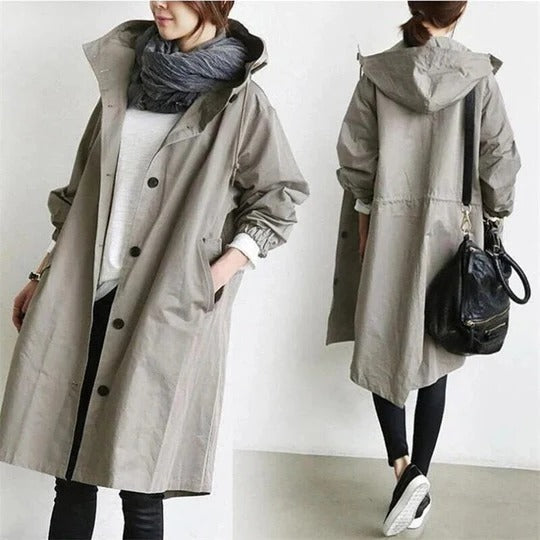 Beige hooded trench coat sleek modern cut waterproof urban commuter outerwear