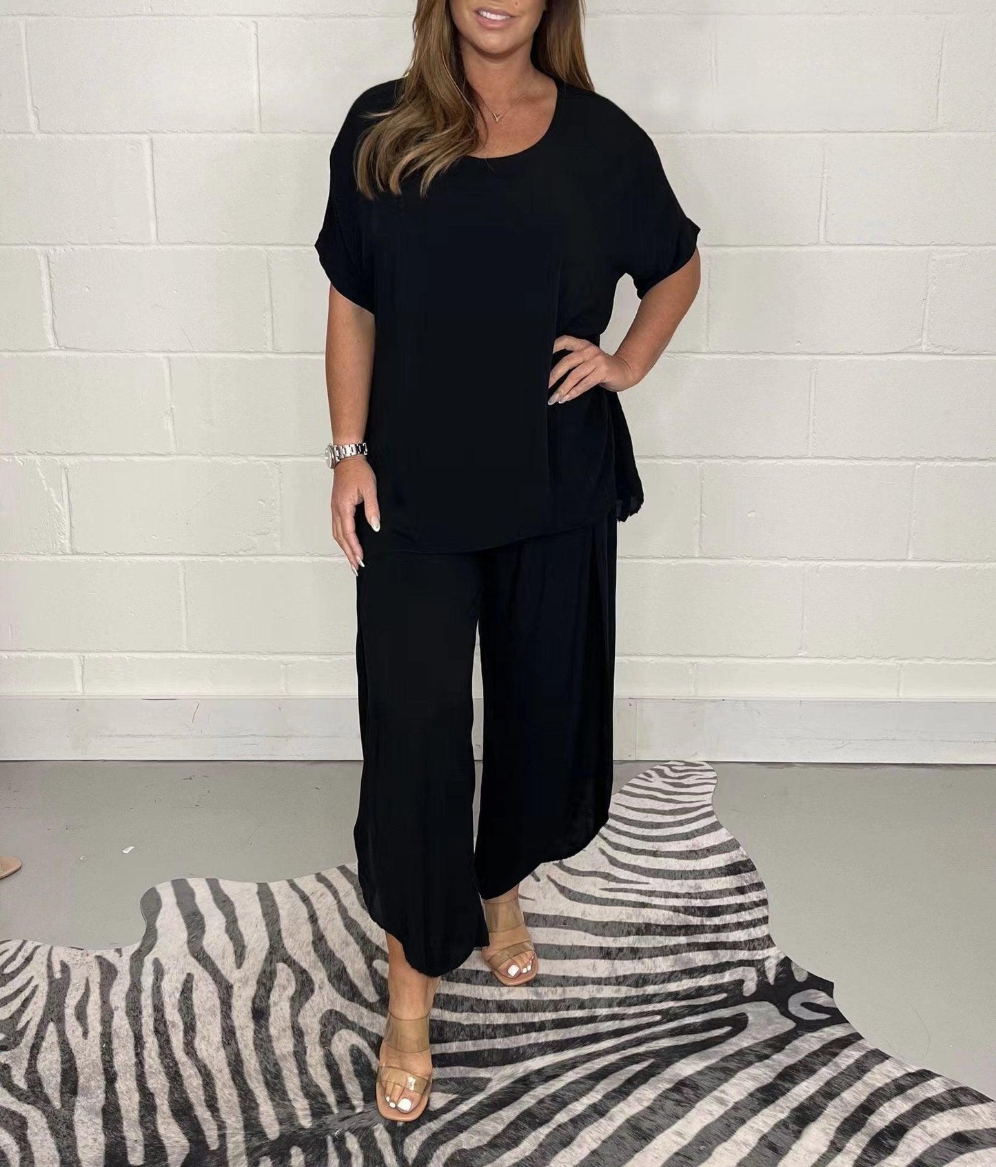 Women's floaty 2-piece trouser set wide-leg trousers long-sleeve top elastic waist chic coordinated outfit