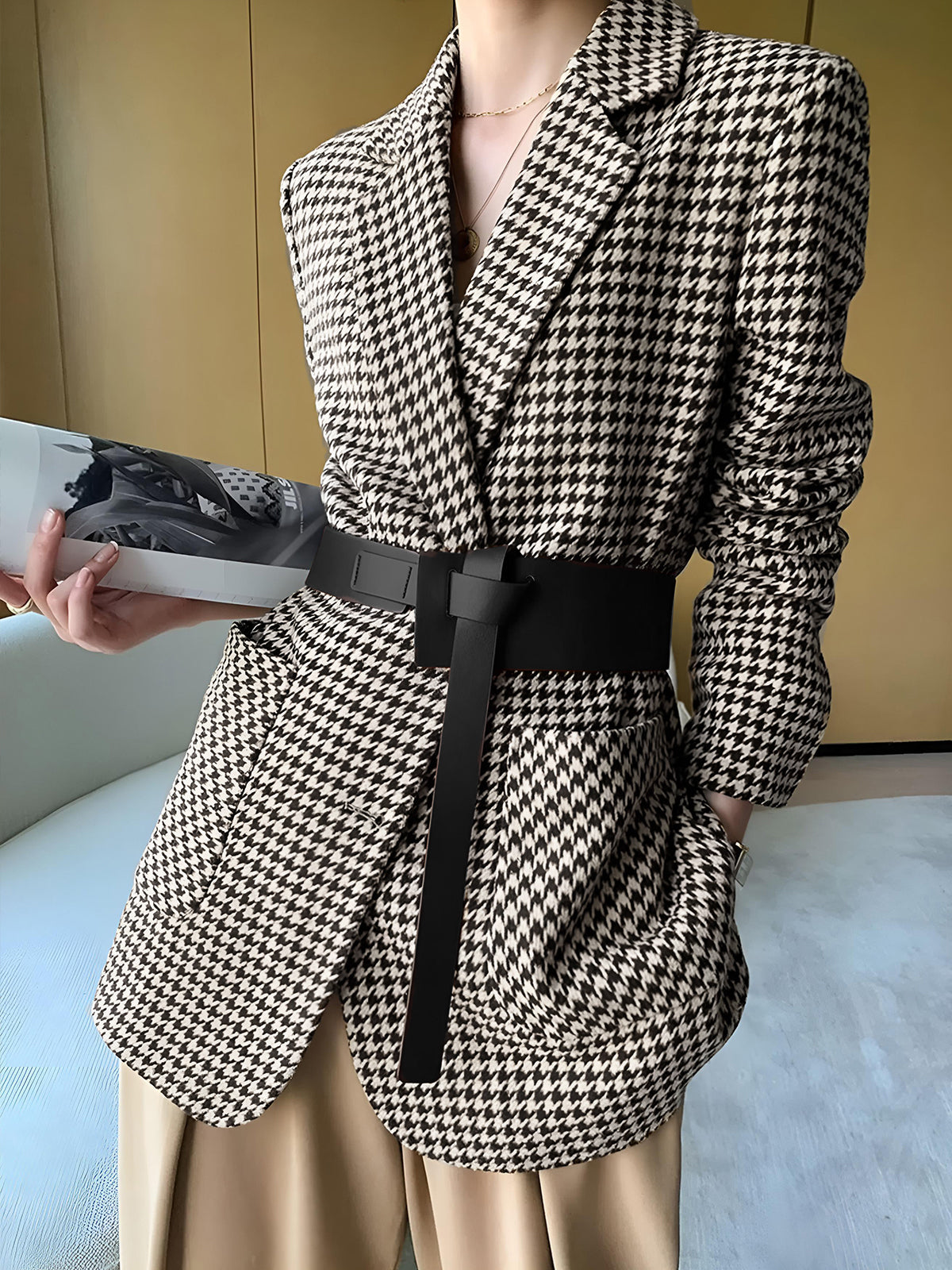 Women's black white houndstooth tailored blazer with waist belt and front split detail