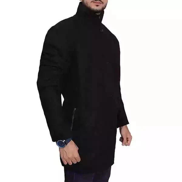 Men's black wool coat high neck stand collar slim professional winter outerwear warm lining