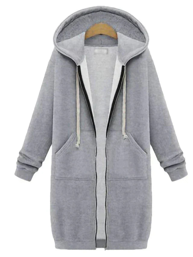 Women's knee-length zip-up hoodie in cozy chic style with elongated silhouette and front zipper