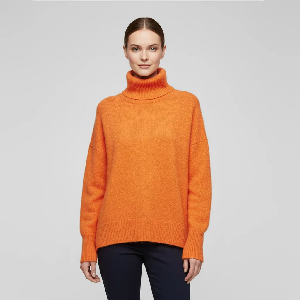 Women's oversized turtleneck sweater ribbed knit drop shoulders relaxed fit cozy layering