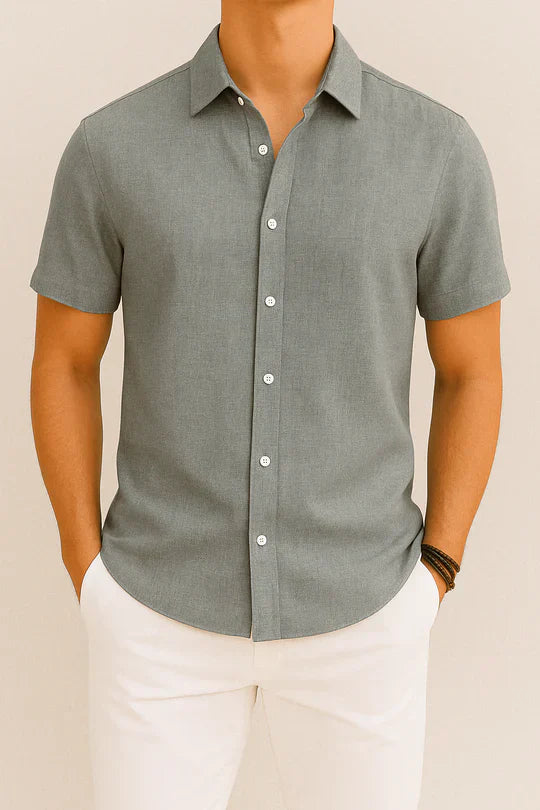 Vero Amsterdam men's short sleeve linen shirt, lightweight cotton-linen blend, minimalist everyday elegance