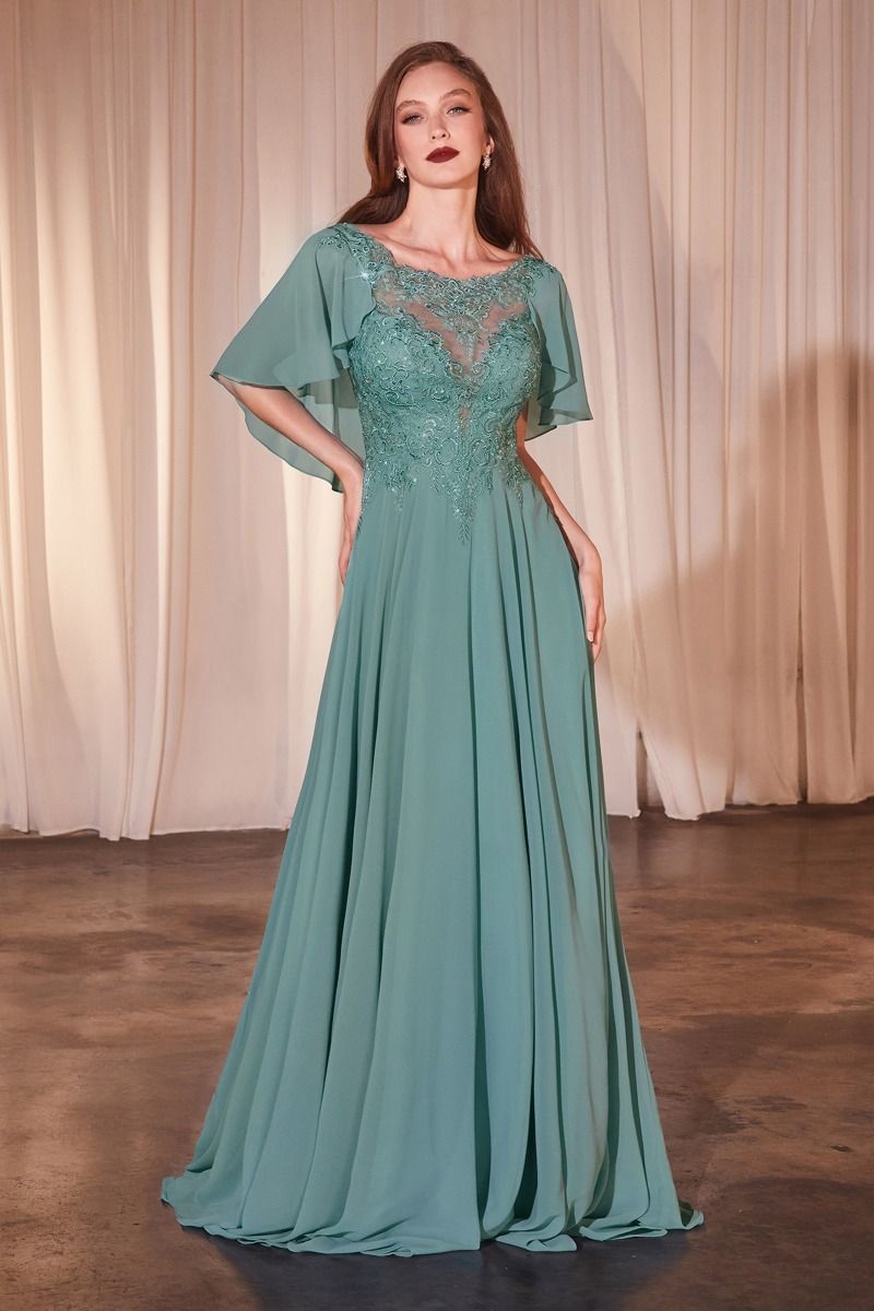 Long A-line chiffon mother of the bride dress with lace bodice and illusion neckline formal gown