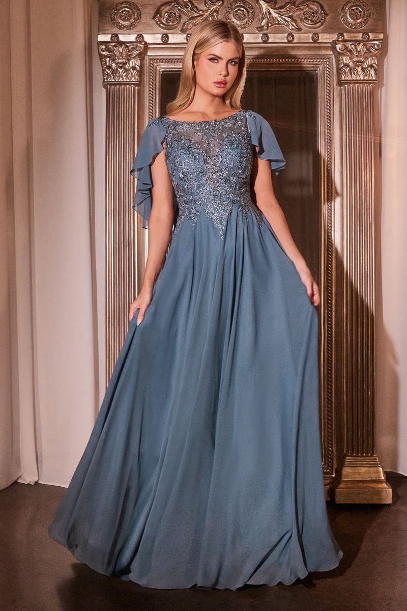 Long A-line chiffon mother of bride gown with lace appliqué bodice and illusion neckline