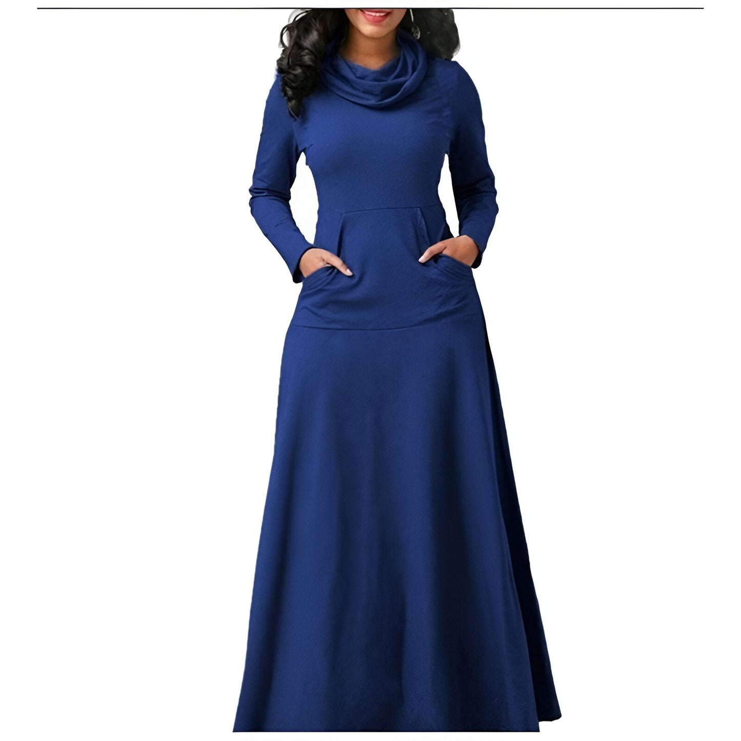 Women's solid color maxi long sleeve dress, warm elegant everyday winter style with versatile cozy fit