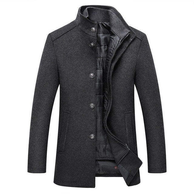 Men's wool button-front coat with stand collar, streamlined silhouette in premium outerwear style
