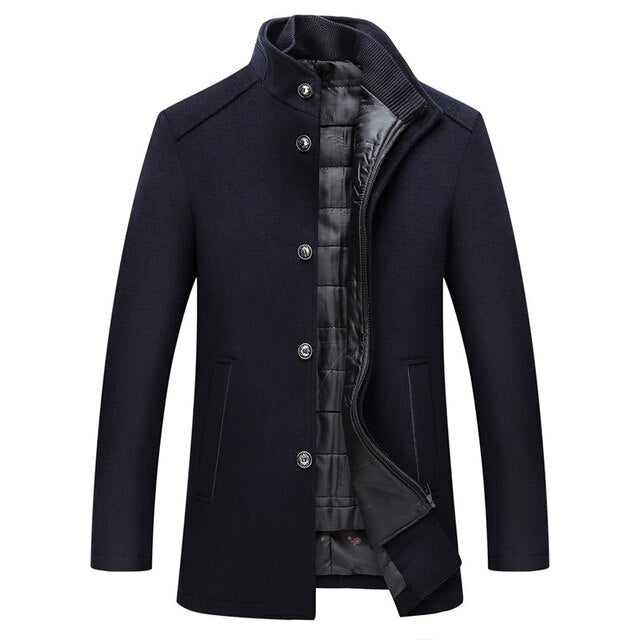 Men's mid-length wool button-front winter jacket in classic cut with premium warm refined drape