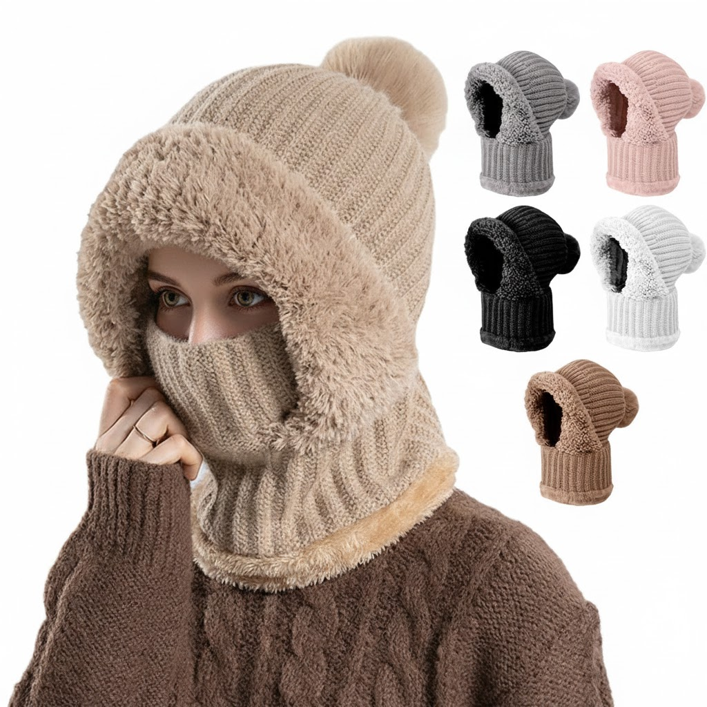 Women's 3-in-1 knit balaclava hat scarf set fleece-lined windproof hooded snood for skiing