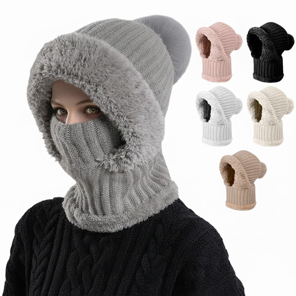 Women's 3-in-1 knit balaclava beanie set in black with fleece lining, windproof hooded snood and face cover