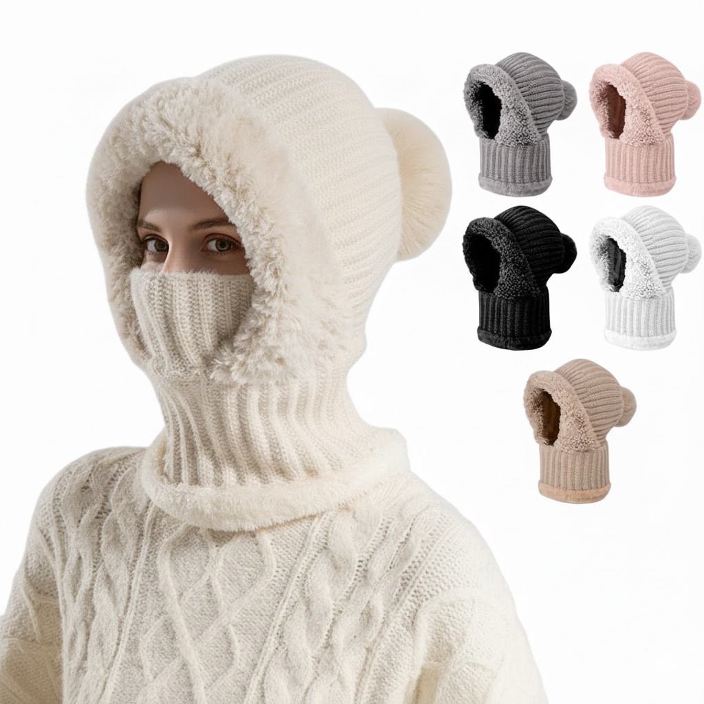 Women's 3-in-1 knit balaclava beanie scarf set fleece-lined windproof hooded snood for skiing