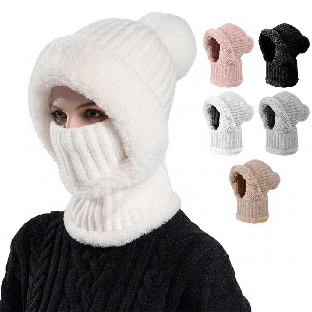 Women's 3-in-1 knit balaclava beanie scarf set fleece-lined windproof hooded snood for skiing