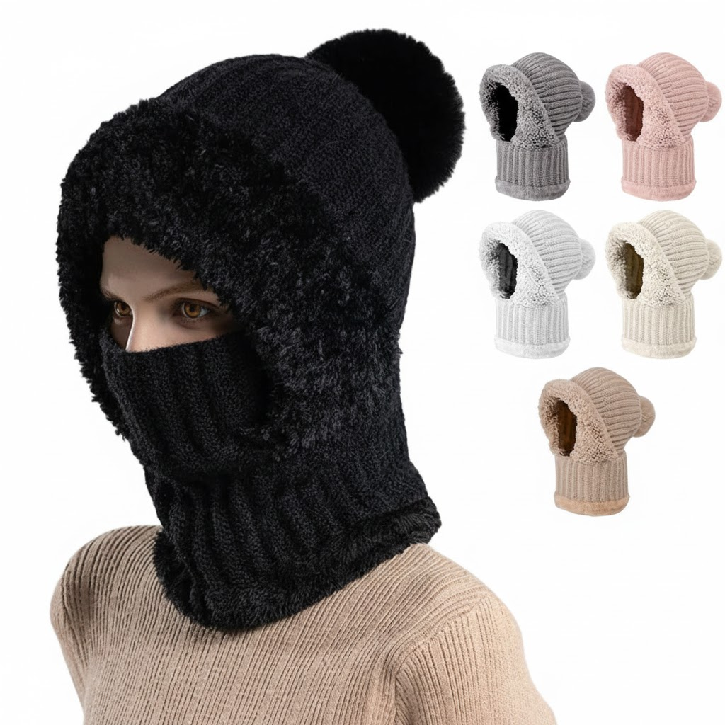 Women's 3-in-1 knit balaclava beanie scarf set fleece-lined windproof hooded snood for skiing