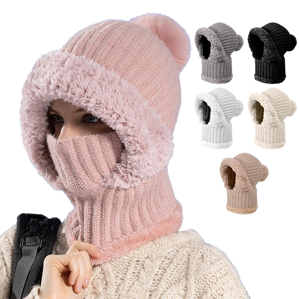Women's 3-in-1 knit balaclava hat scarf set fleece-lined windproof hooded snood for skiing winter
