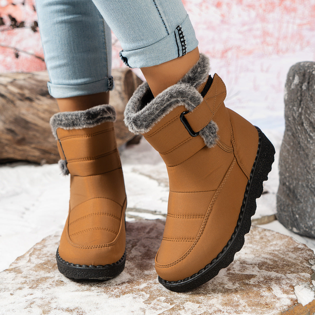 Women's waterproof fleece-lined snow boots with Velcro closure, anti-slip sole for winter warmth