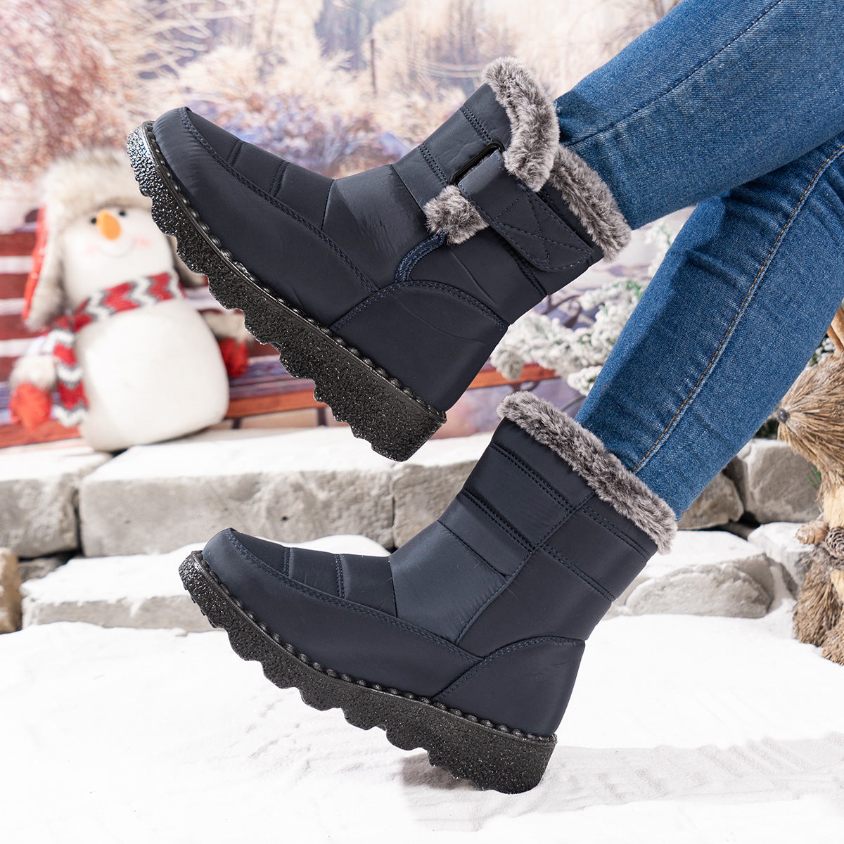 Women's waterproof snow boots with fleece lining, Velcro closure, anti-slip sole for winter warmth