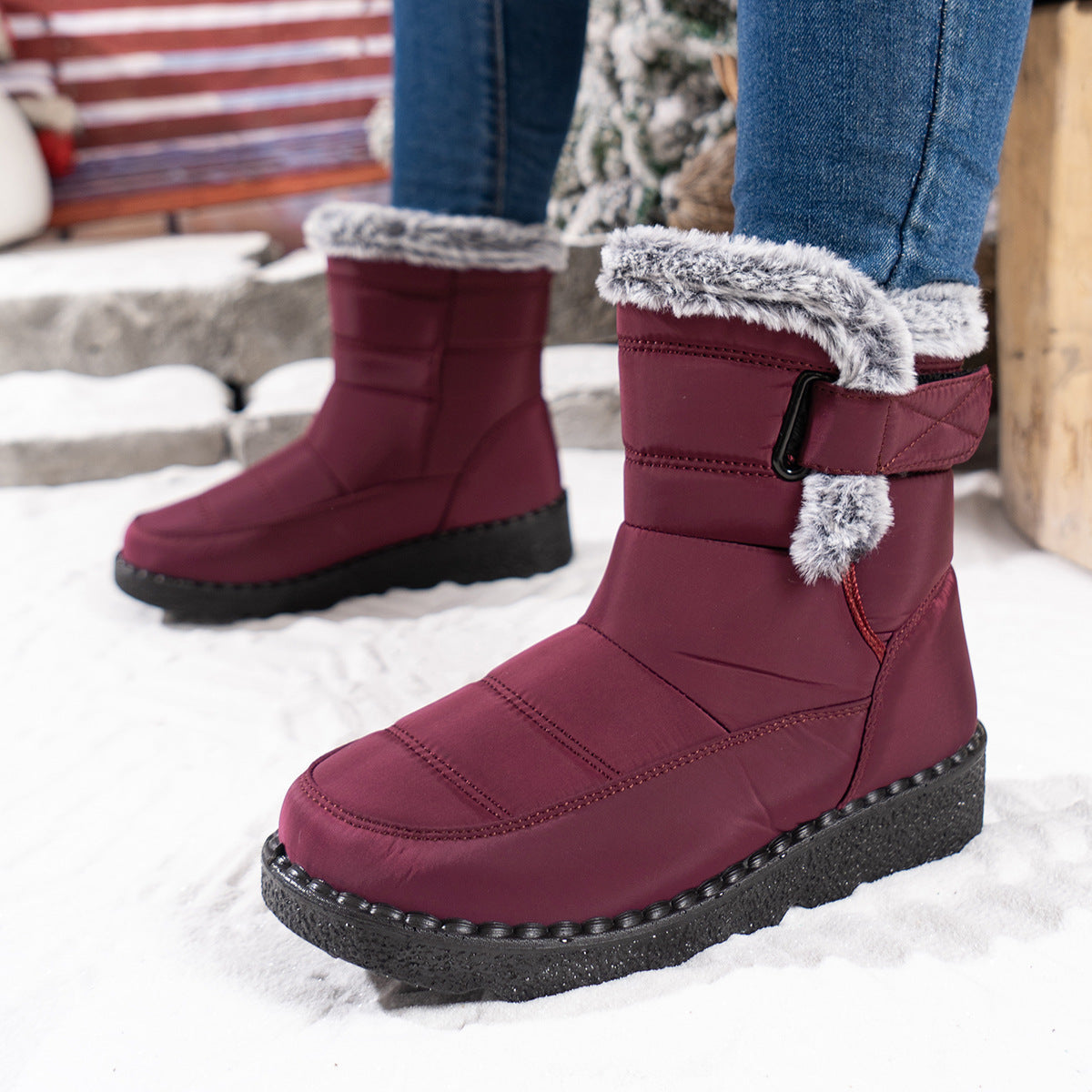 Women waterproof snow boots with fleece lining, Velcro closure, anti-slip sole for winter warmth