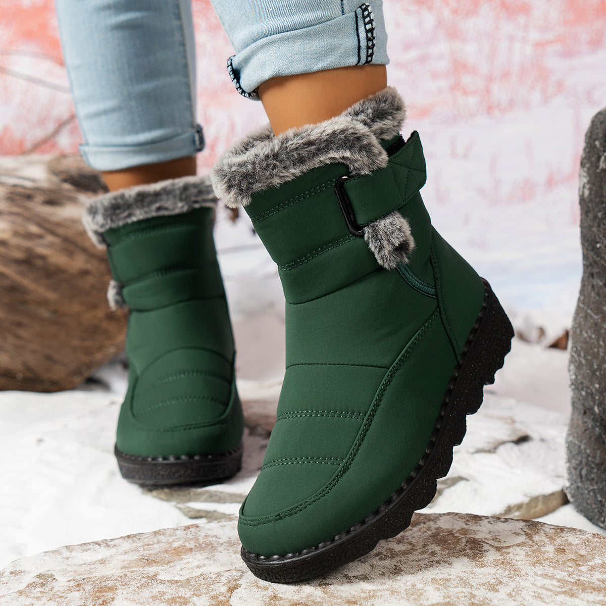 Women's waterproof snow boots with fleece lining, Velcro closure, anti-slip sole for winter warmth