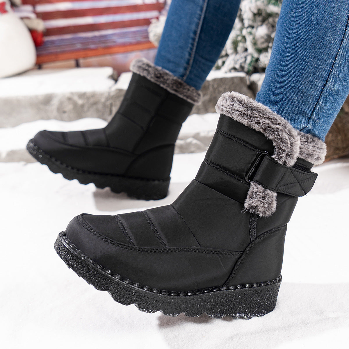 Women's waterproof black snow boots fleece-lined Velcro closure anti-slip sole winter warmth