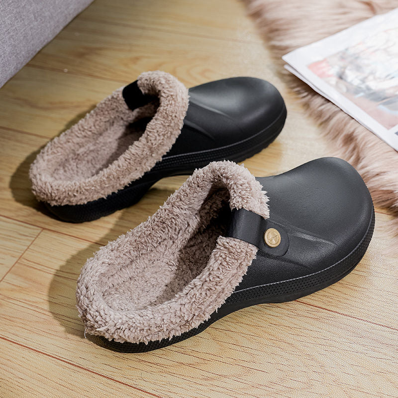 Women's wide fit winter slippers fleece-lined waterproof upper non-slip sole indoor comfort