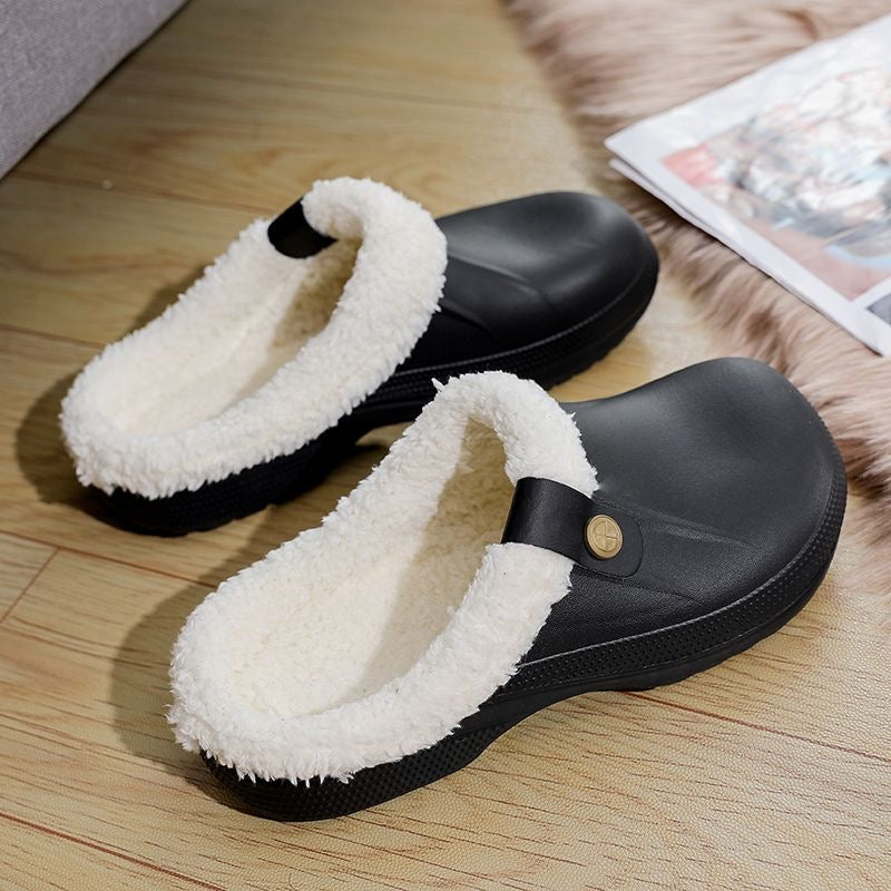 Women's wide fit winter slippers fleece-lined waterproof upper non-slip sole indoor comfort