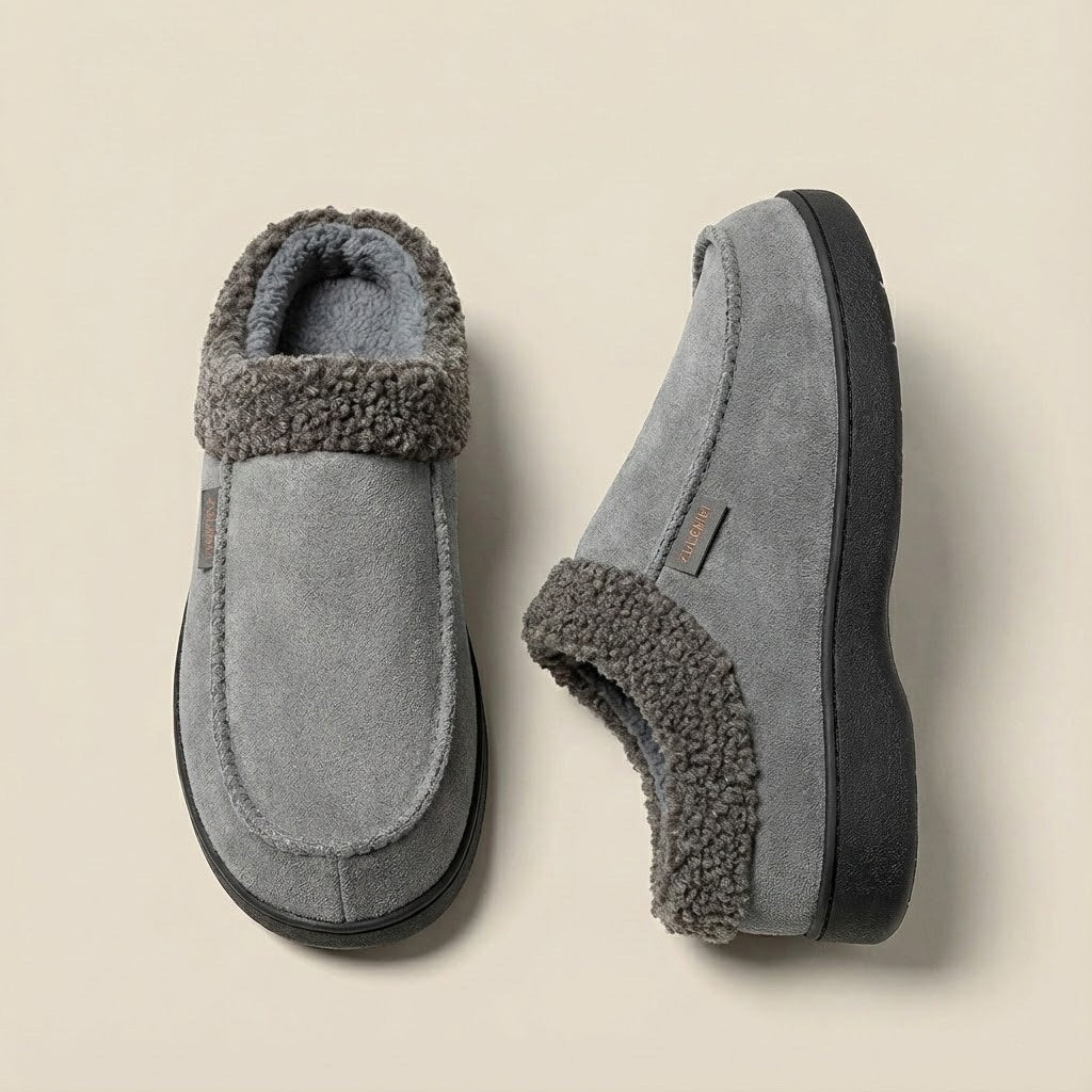 Men's wide fit navy blue winter slippers fleece-lined arch support faux suede couples style