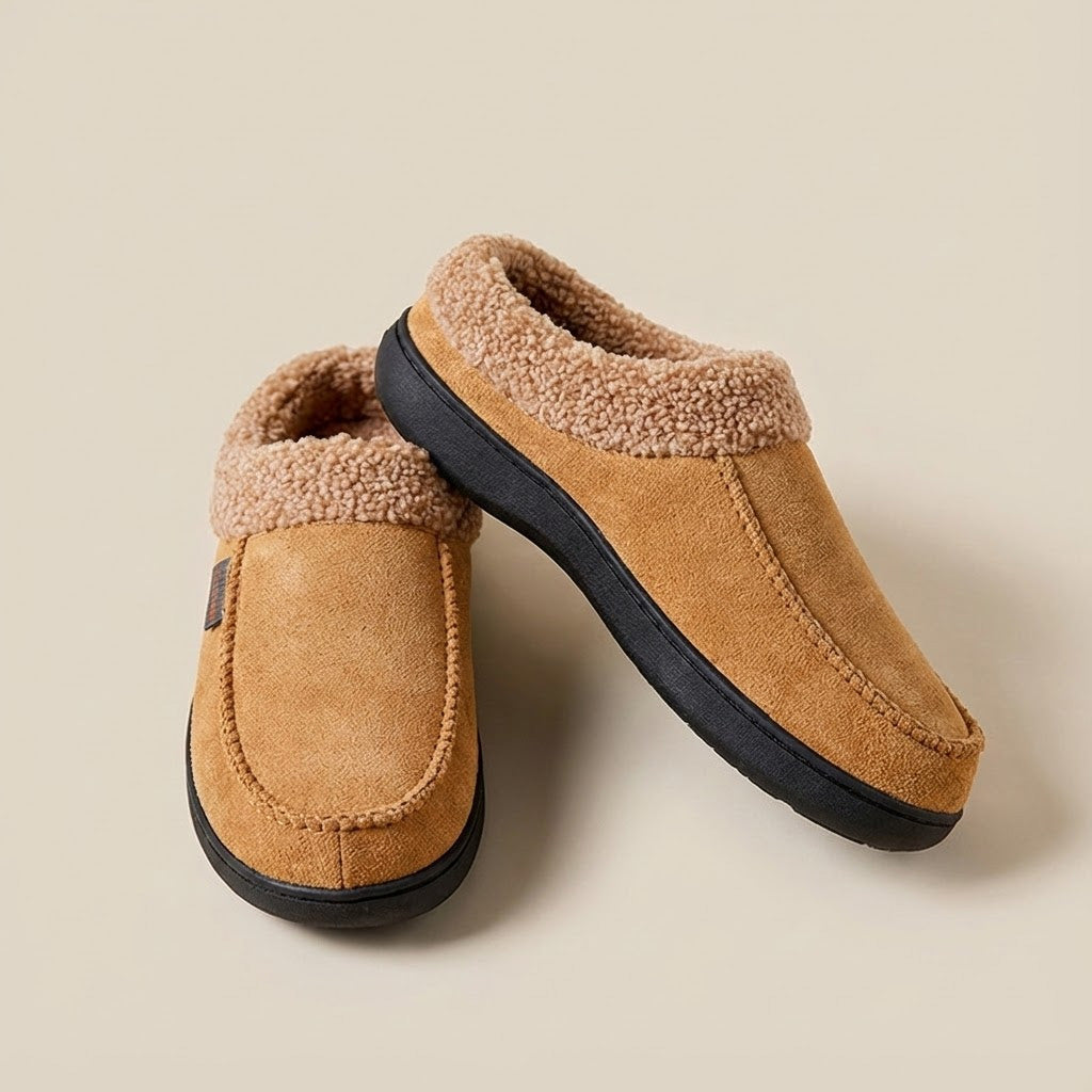Men's wide fit navy blue fleece-lined winter slippers with arch support, couples matching style