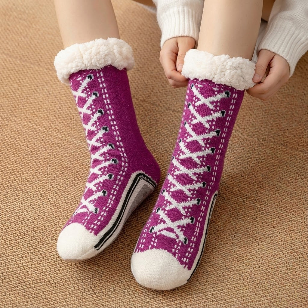Thermal fleece-lined slipper socks with full-coverage non-slip rubber sole for cold floors