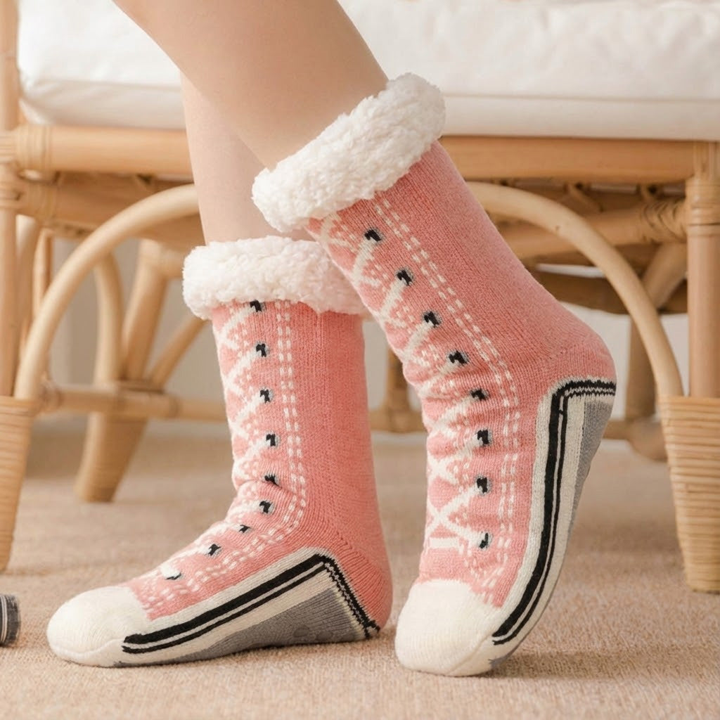 Thermal fleece-lined slipper socks with full-coverage non-slip rubber grippers for cold floors