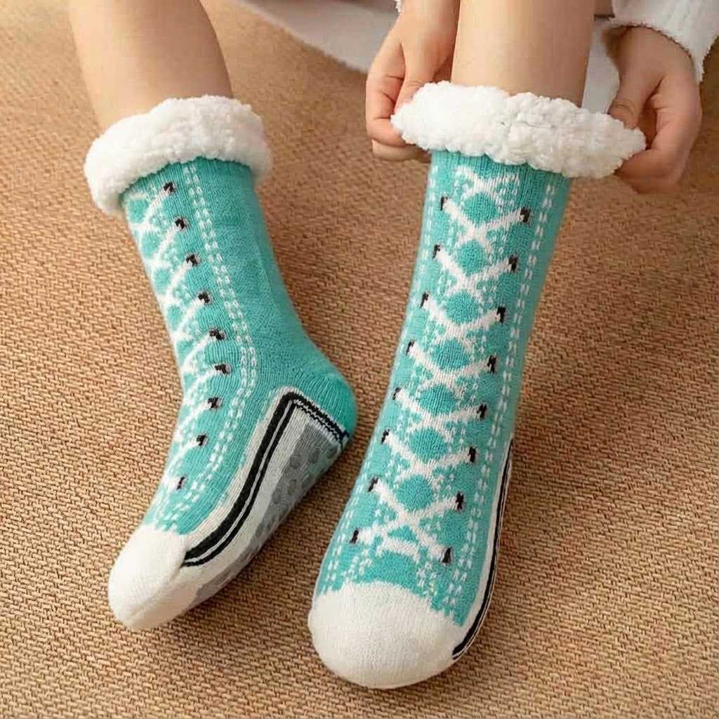 Thermal fleece-lined slipper socks with full-coverage non-slip rubber sole for cold floors