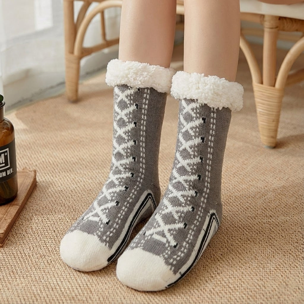 Thermal fleece-lined slipper socks with full-coverage non-slip rubber sole for cold floors