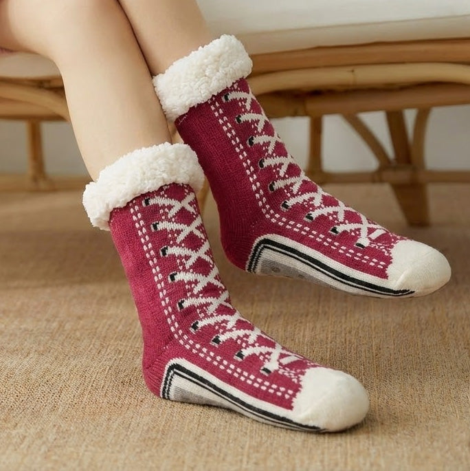 Thermal fleece-lined slipper socks with full-coverage non-slip rubber grippers for cold floors