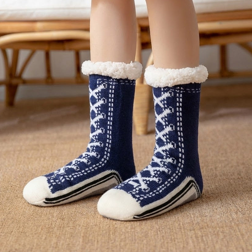 Thermal fleece-lined slipper socks with full-coverage non-slip rubber grip sole for cold floors