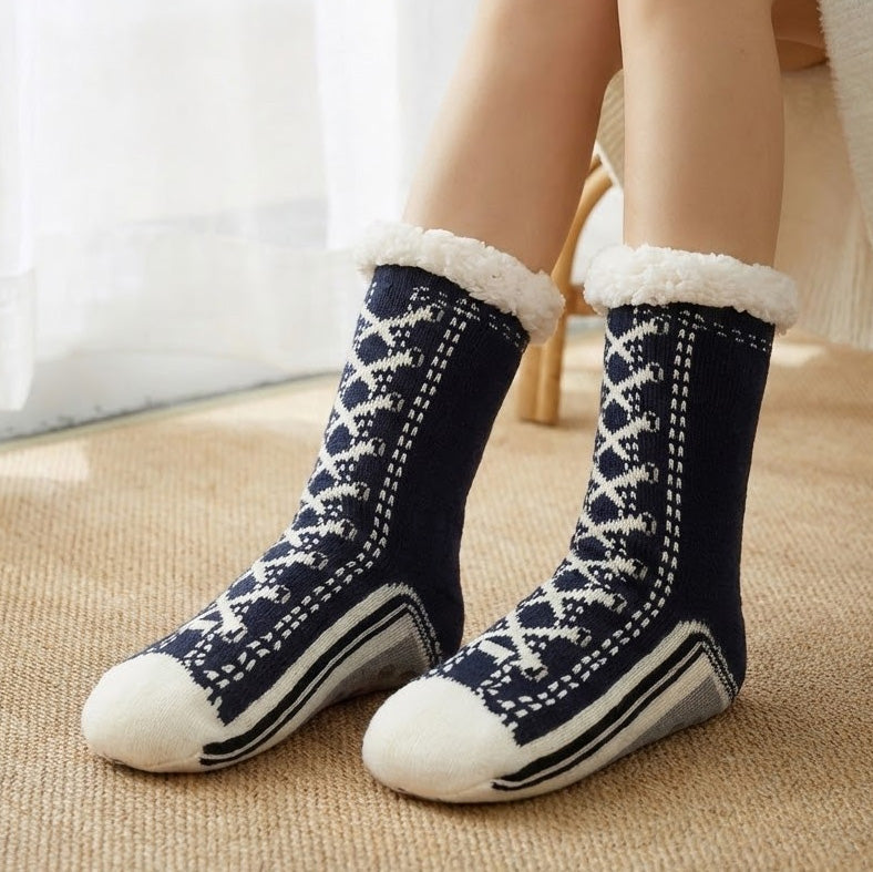 Thermal fleece-lined slipper socks with non-slip rubber sole for cold floors, ultra-warm indoor grip