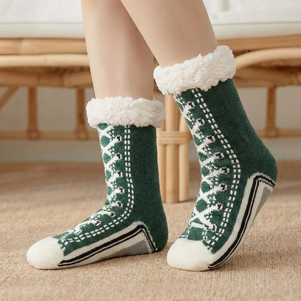 Thermal fleece-lined slipper socks with full-coverage non-slip rubber grip sole for cold floors