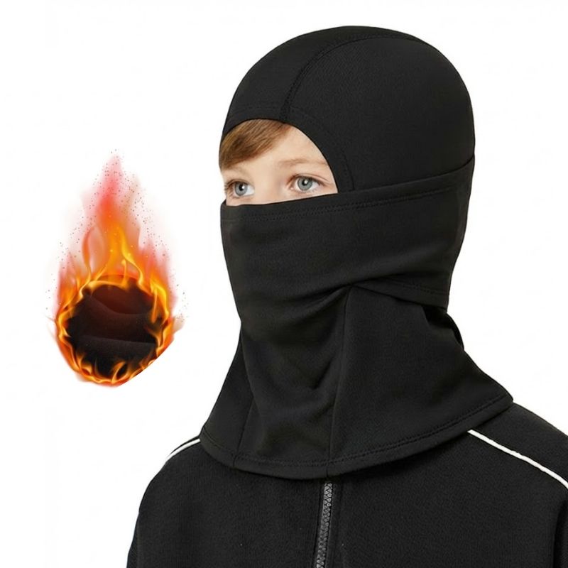 Kids thermal balaclava full face mask in black windproof fleece for winter ski and cycling ages 7-15