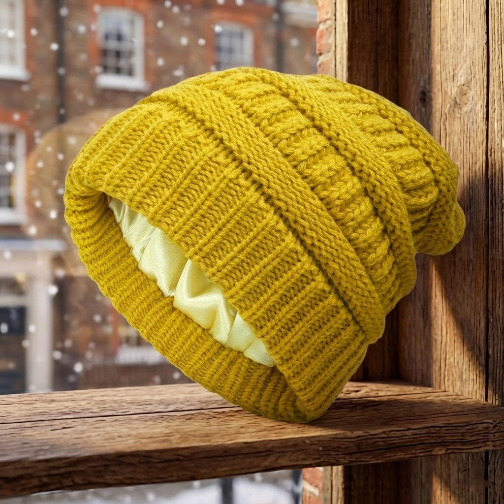 Women's thermal winter beanie fleece-lined knit hat with satin lining for outdoor cold weather warmth