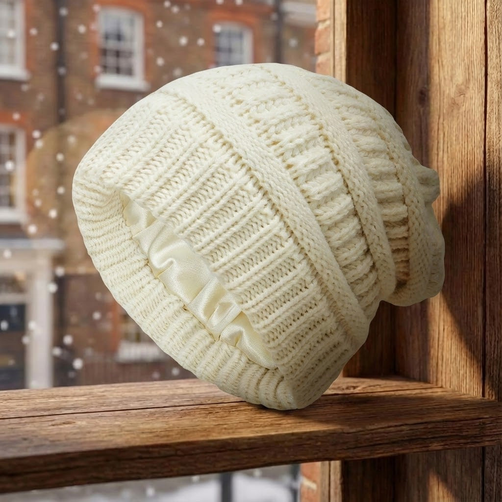 Women's thermal winter beanie fleece-lined knit hat cozy satin-lined acrylic outdoor cold weather