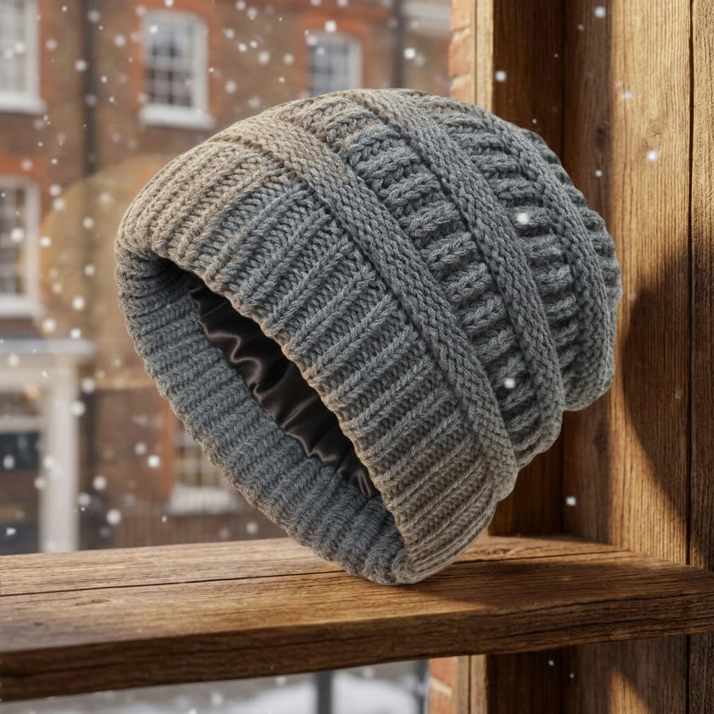 Women's thermal winter beanie fleece-lined knit hat cozy satin-lined acrylic outdoor cold weather