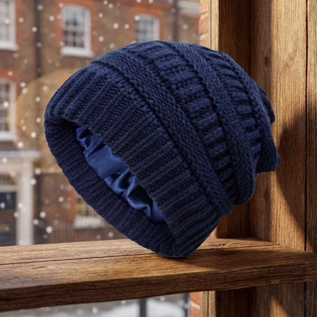Women's thermal knit winter beanie hat fleece-lined cozy outdoor cold weather warmth satin lining