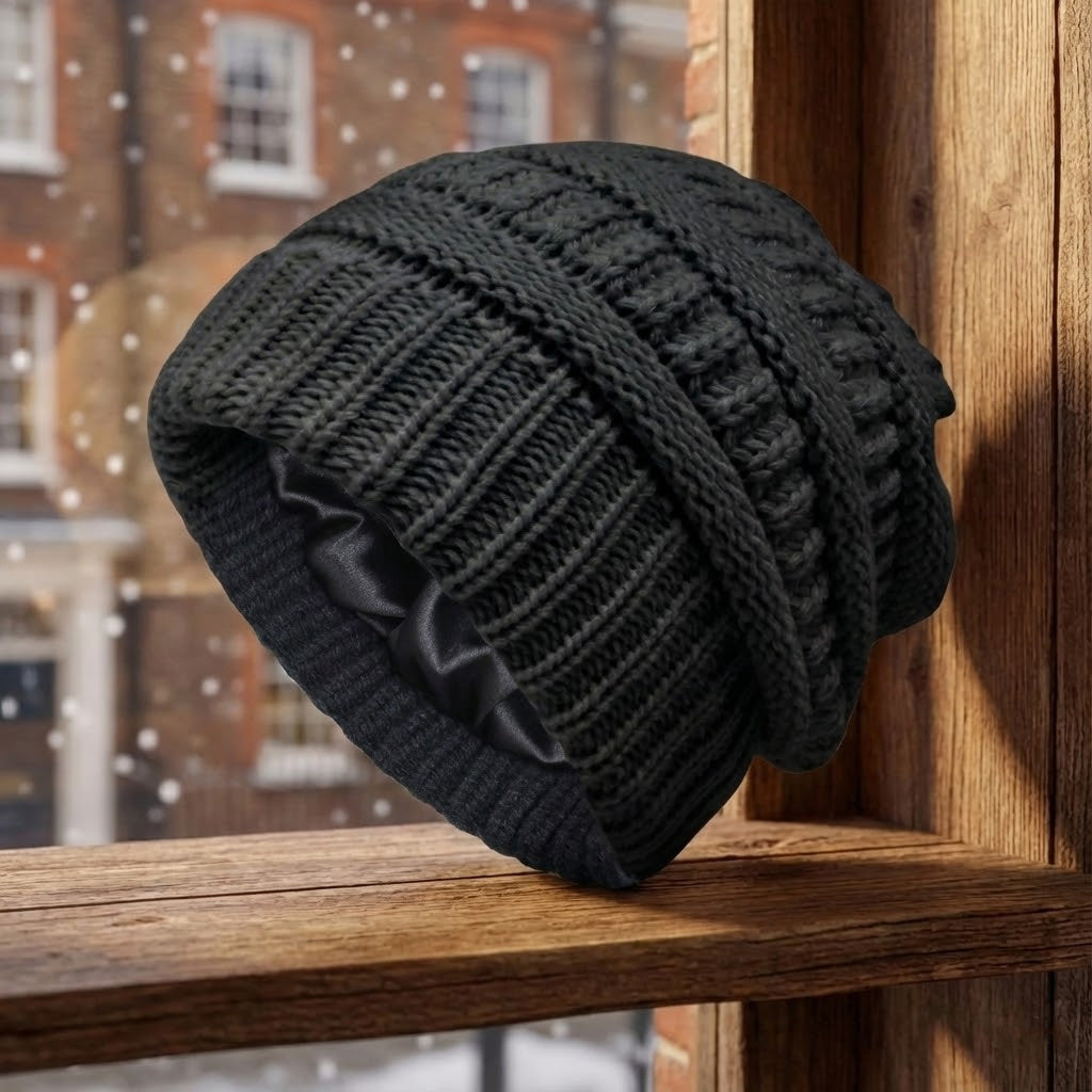 Women's thermal knit beanie hat fleece satin-lined cozy winter outdoor warmth neutral tone