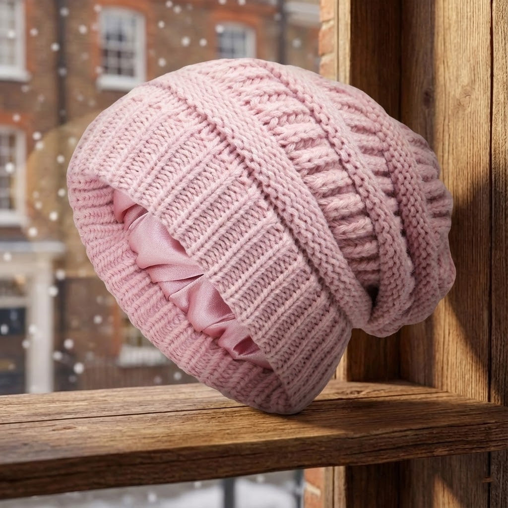 Women's thermal winter beanie fleece-lined knit hat with satin interior for cold outdoor warmth