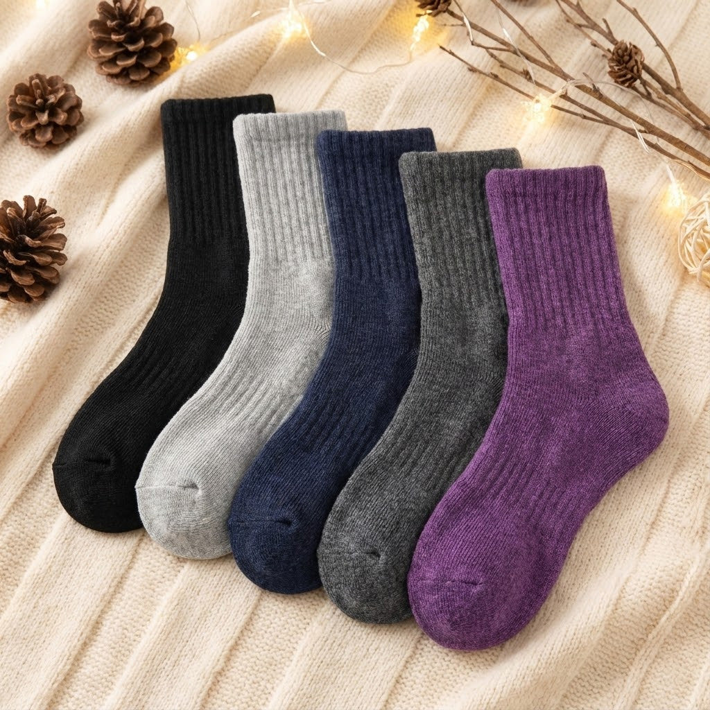 Women's thick wool thermal crew socks 5-pack in neutral tones, moisture-wicking winter comfort