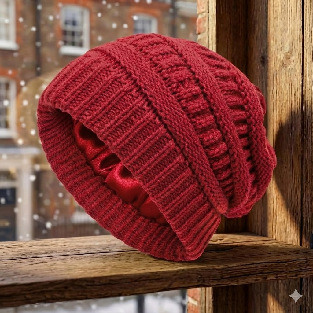 Women's thermal winter beanie fleece-lined knit hat cozy satin-lined outdoor cold weather warmth